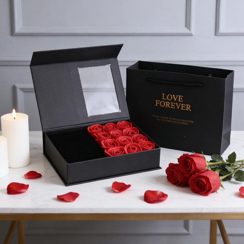 Valentine's Day Rose Jewelry Box Preserved Flower Roses Box,Ringbox with 12pcs Soap Eternal Rose Necklaces Boxes,Romantic Gift Boxes for Mom Her Valentines Day Wedding Party Supply (lipstick red) - Image 4